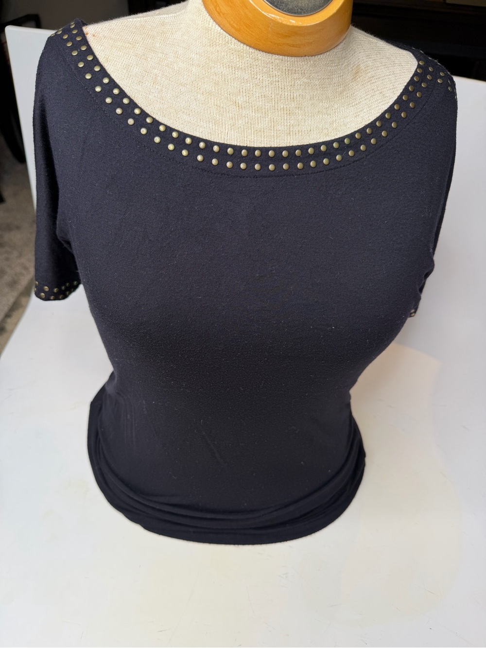 Carmen Marc Valvo Black Short-Sleeve Scoop Neck Top with Gold Studs
